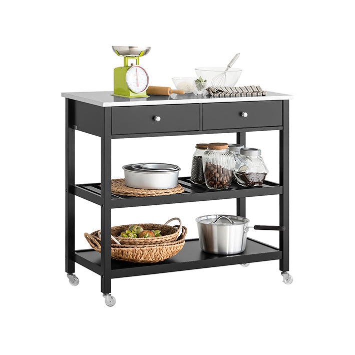 Keukentrolley met roestvrijstalen blad - Dressoir - Serveerwagen - Veelzijdige opbergruimte met 2 planken en 2 laden - Gemakkelijke mobiliteit met afsluitbare wielen - Duurzame constructie van MDF en hout - 100 cm x 92 cm x 45 cm