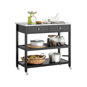 Keukentrolley met roestvrijstalen blad - Dressoir - Serveerwagen - Veelzijdige opbergruimte met 2 planken en 2 laden - Gemakkelijke mobiliteit met afsluitbare wielen - Duurzame constructie van MDF en hout - 100 cm x 92 cm x 45 cm