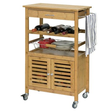 Bamboe Keukentrolley met Wielen - Theewagen - Serveerwagen - Flessenrek, Handdoekhouder, Afneembare mand - 60 cm x 92 cm x 36 cm