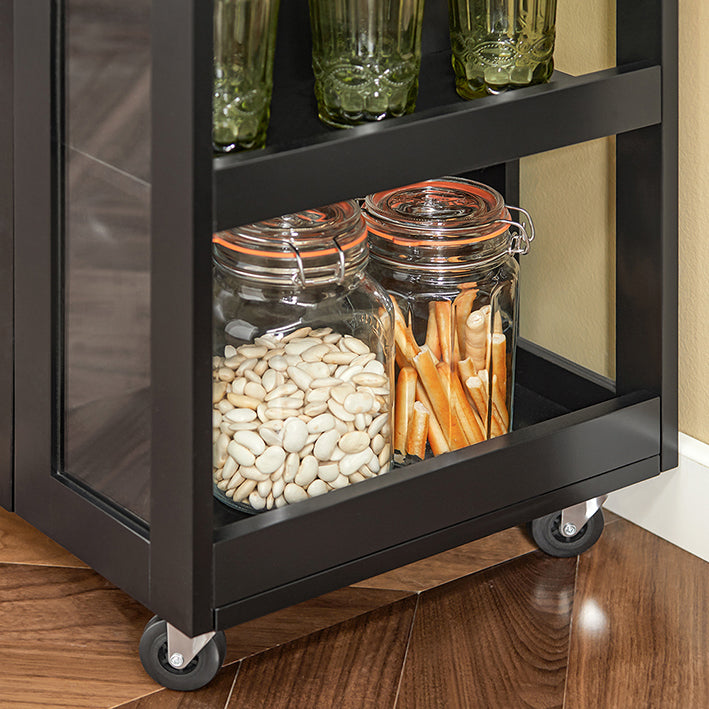 Keukentrolley - Zijtrolley - Serveerwagen - Verstelbare Planken - Mobiele Opslag - Afsluitbare Wielen - Zwart MDF en Glas - 60cm x 90cm x 40cm