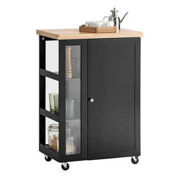 Keukentrolley - Zijtrolley - Serveerwagen - Verstelbare Planken - Mobiele Opslag - Afsluitbare Wielen - Zwart MDF en Glas - 60cm x 90cm x 40cm