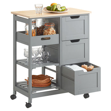 Keukentrolley - Serveerwagen - Mobiele opbergeenheid - Gemakkelijke manoeuvreerbaarheid - Ruime opbergruimte met 3 laden en planken - Duurzame constructie van MDF en grenen - 67 cm x 84,5 cm x 37 cm - Lichtgrijs
