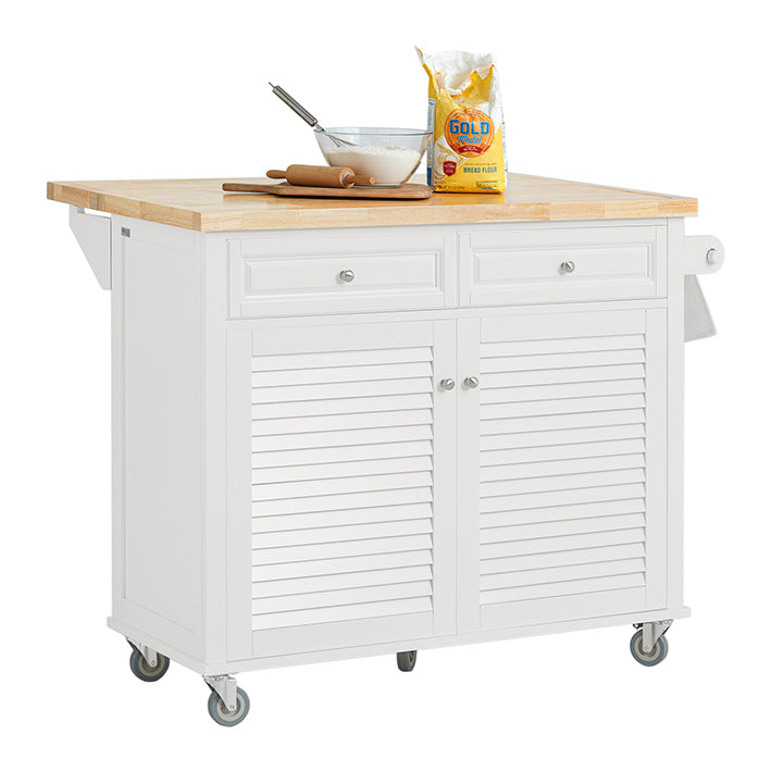 Keukeneilandwagen - Uitbreidbaar werkblad - Keukentrolley - Opbergkast - Verstelbare Planken - Handdoekenrek - Verrijdbaar met 5 wielen - Wit - 115cm x 94cm x 46-71cm