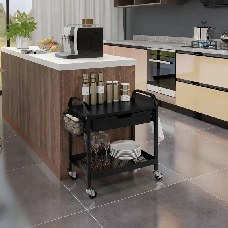 Keukentrolley met lade en wielen | Kleur: Zwart | Afmetingen: 32.6x61x58.5 cm