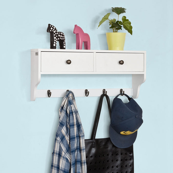 Wandkapstok met Laden - Hangplank - Opbergorganisator - MDF-constructie - Ideaal voor hal, badkamer, keuken - 60 cm x 14 cm x 27 cm