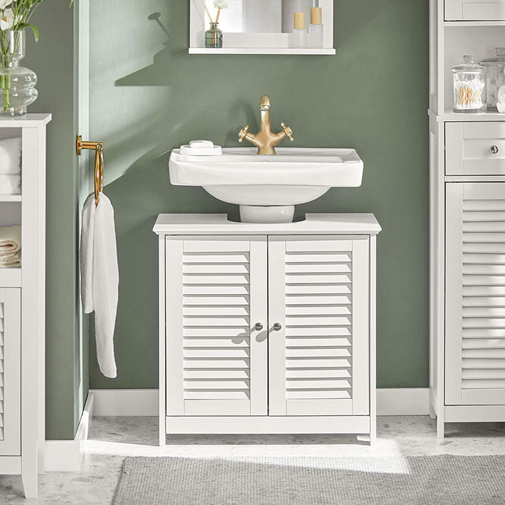 Badkamer Wastafel Onderkast - Opbergkast - Witte MDF Kast - Schimmelpreventie - Decoratieve Lattendeur - 57cm x 58cm x 35cm