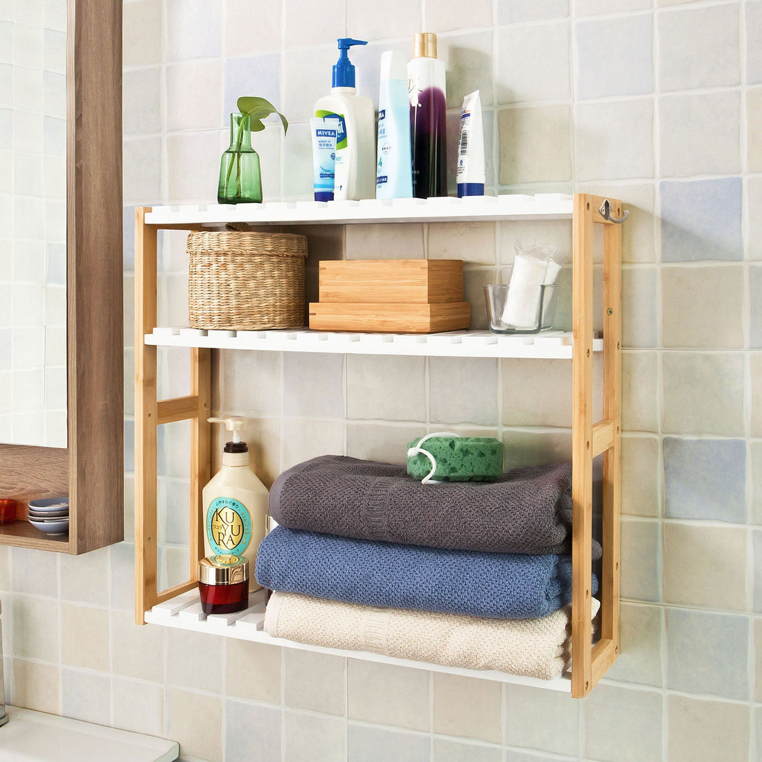 Bamboe Badkamerplank - Keukenplank - Wandplank - Verstelbare opbergruimte - Optimale ruimte - Inclusief haken - 54cm x 60cm x 15cm