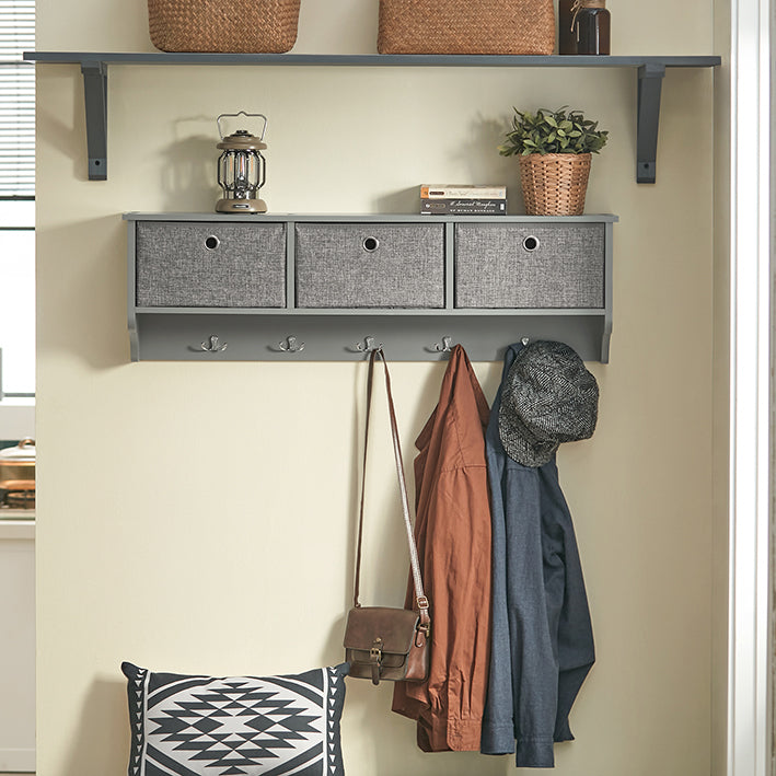 Wandkapstok met opbergruimte - Kledinghaak - Gangorganizer - Inclusief 3 opvouwbare fleeceboxen - 5 metalen haken - Eenvoudige montage - 100 cm x 31 cm x 20 cm