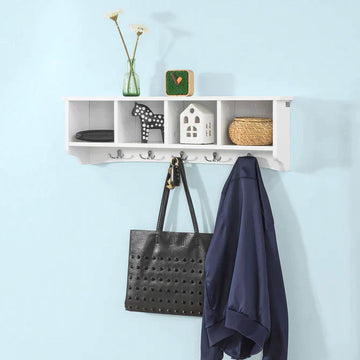 Witte Wanddisplay Opbergmeubel met 4 Componenten 5 Haken - Wandkapstok Badkamer Keukenkast