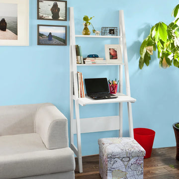 Witte houten opbergrek, ladderplank met bureau en 2 planken - 64x39x180cm