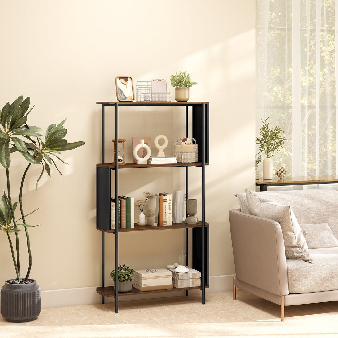 Bücherregal mit 4 Ablagen, gebogenes Design | Farbe: Braun | Maße: 80x30x141 cm