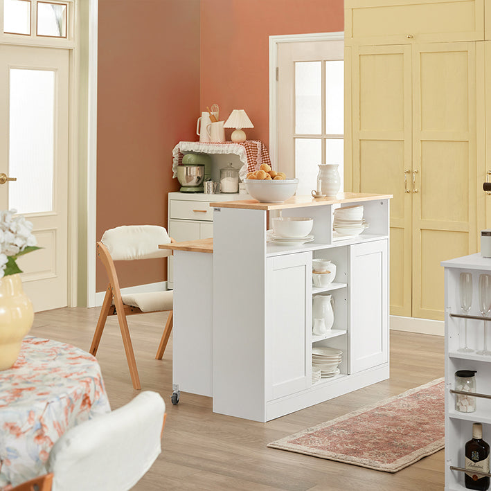 Modern Dressoir met Schuifdeuren - Keukeneiland - Dressoir - Verstelbare Planken - Opvouwbaar Werkoppervlak - Rubberhout & MDF - 110cm x 97cm x 66cm - Wit