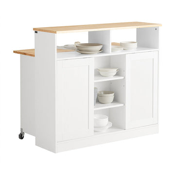 Modern Dressoir met Schuifdeuren - Keukeneiland - Dressoir - Verstelbare Planken - Opvouwbaar Werkoppervlak - Rubberhout & MDF - 110cm x 97cm x 66cm - Wit