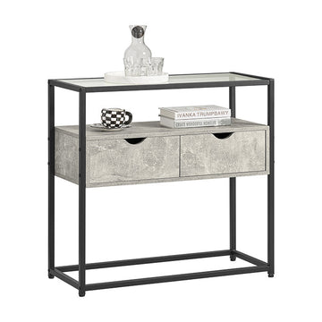 Moderne Dressoir Console Tafel - Haltafel - Lichtgrijze Bijzettafel - Glazen Blad - Ruime Opbergruimte - Stevig Ontwerp - Verstelbare Voeten - 81cm x 78cm x 35cm