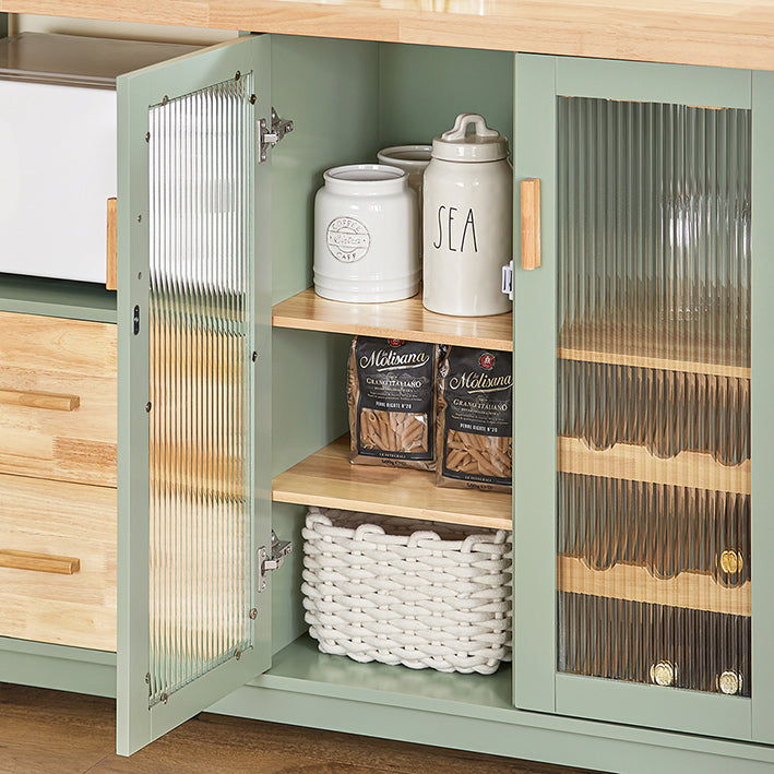 Modern Dressoir met Glazen Deur - Keukenkast - Dressoir - Halkast - Opbergorganisator - Wijnglas- en flessenhouder - Ruim magnetroncompartiment - MDF en rubberhout - 120 cm x 90 cm x 40 cm - Groen