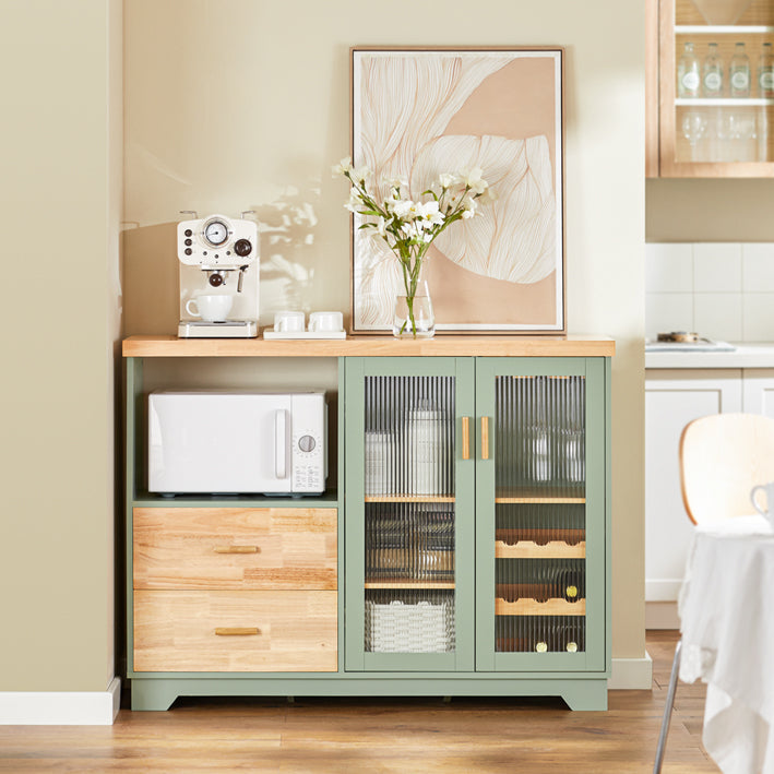 Modern Dressoir met Glazen Deur - Keukenkast - Dressoir - Halkast - Opbergorganisator - Wijnglas- en flessenhouder - Ruim magnetroncompartiment - MDF en rubberhout - 120 cm x 90 cm x 40 cm - Groen