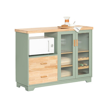 Modern Dressoir met Glazen Deur - Keukenkast - Dressoir - Halkast - Opbergorganisator - Wijnglas- en flessenhouder - Ruim magnetroncompartiment - MDF en rubberhout - 120 cm x 90 cm x 40 cm - Groen