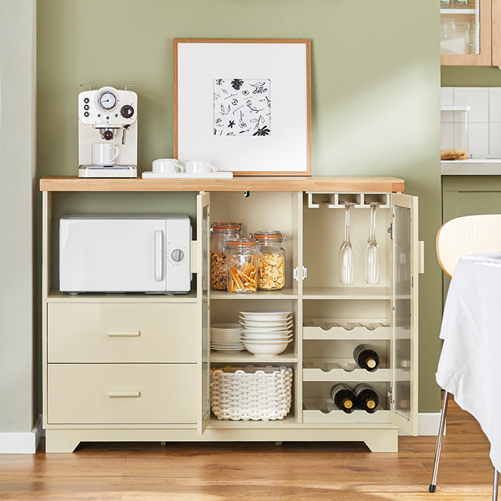 Dressoir met glazen deuren - keukenkast - dressoir - halkast - MDF en rubberhout - opbergen en uitstallen - wijnrek - magnetronruimte - 120 cm x 90 cm x 40 cm