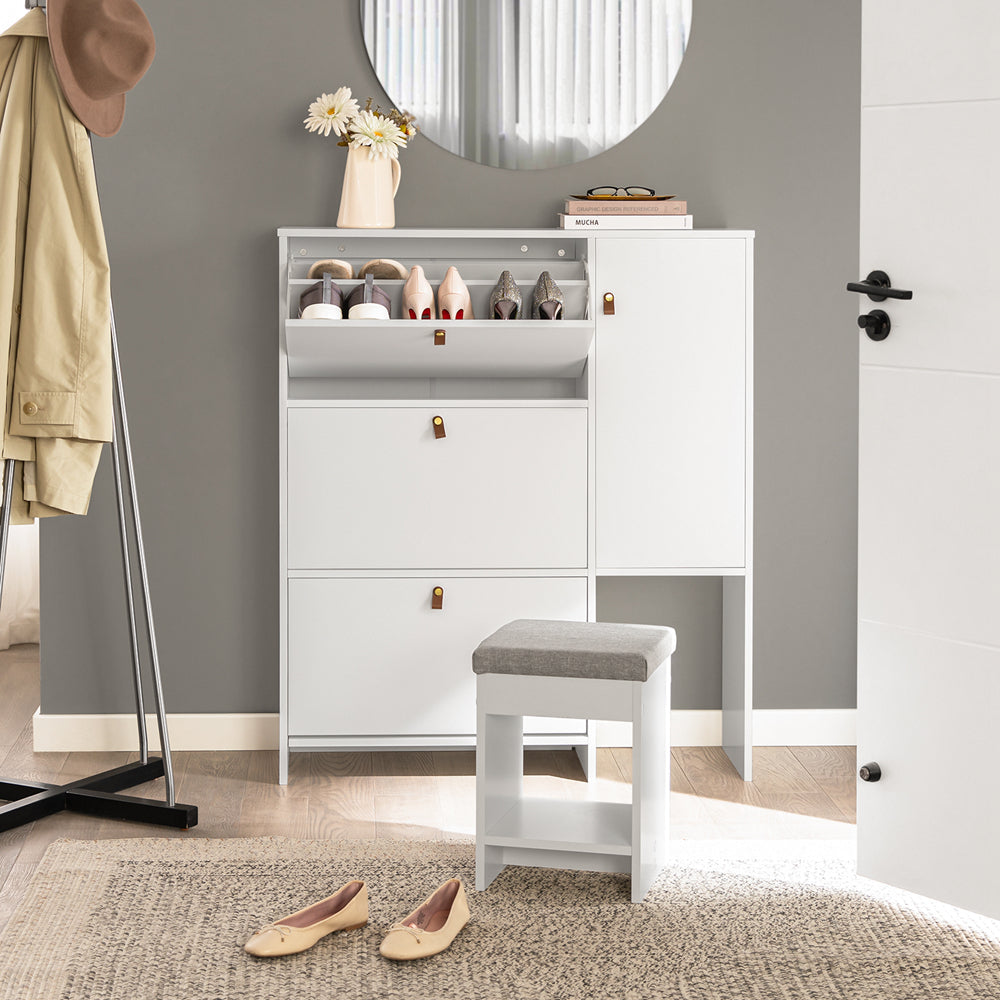 Schoenenkast met Kruk - Schoenenkantelaar - Schoenenkast - Ruimtebesparend ontwerp - Comfortabele zitplaatsen - Veelzijdige opslag - Wit MDF - 95 cm x 121 cm x 30 cm
