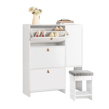 Schoenenkast met Kruk - Schoenenkantelaar - Schoenenkast - Ruimtebesparend ontwerp - Comfortabele zitplaatsen - Veelzijdige opslag - Wit MDF - 95 cm x 121 cm x 30 cm