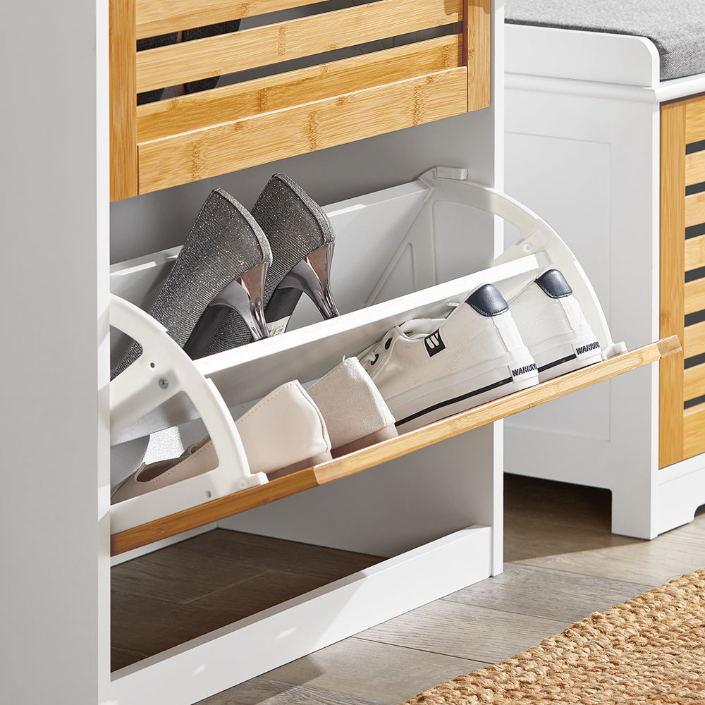 Schoenenkast Tipper - Schoenenorganizer - Schoenenopberger - Ontwerp met 3 kleppen - Stijlvolle haken voor accessoires - Combineert met andere eenheden - Bamboe en MDF - 55 cm x 112 cm x 30 cm