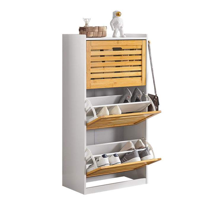 Schoenenkast Tipper - Schoenenorganizer - Schoenenopberger - Ontwerp met 3 kleppen - Stijlvolle haken voor accessoires - Combineert met andere eenheden - Bamboe en MDF - 55 cm x 112 cm x 30 cm
