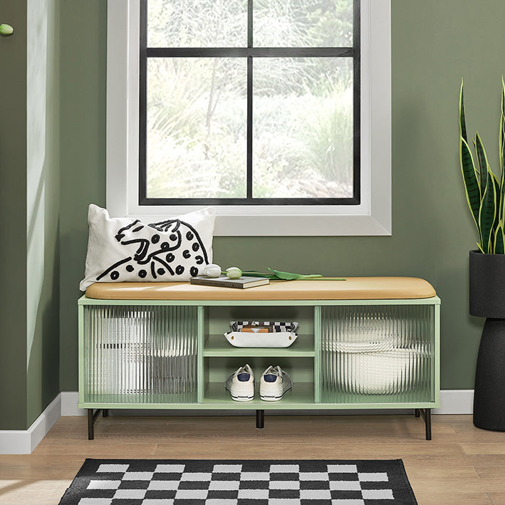 Schoenenbank met opbergruimte - Garderobebank - Halbank - Deur van gehard glas - Ruimtebesparend ontwerp - Zacht PU-lederen zitting - 110 cm x 46 cm x 34 cm