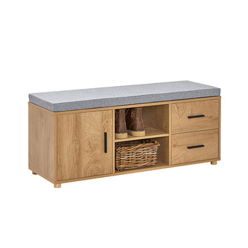 schoenenkast met bank - schoenenorganizer - schoenenopberger - MDF en rubberhout - extra stabiliteit met zes poten - dubbele opbergladen - afmetingen 110 cm x 47 cm x 35 cm