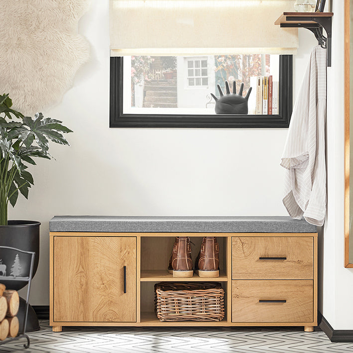 schoenenkast met bank - schoenenorganizer - schoenenopberger - MDF en rubberhout - extra stabiliteit met zes poten - dubbele opbergladen - afmetingen 110 cm x 47 cm x 35 cm