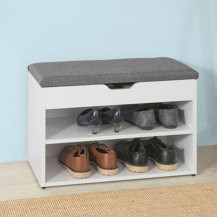 Schoenenbank met Zitting - Schoenenrek - Schoenenkast - Comfortabel kussen - Ruime opbergruimte - Veilige rubberen voetjes - 60cm x 43cm x 30cm - Lichtgrijs