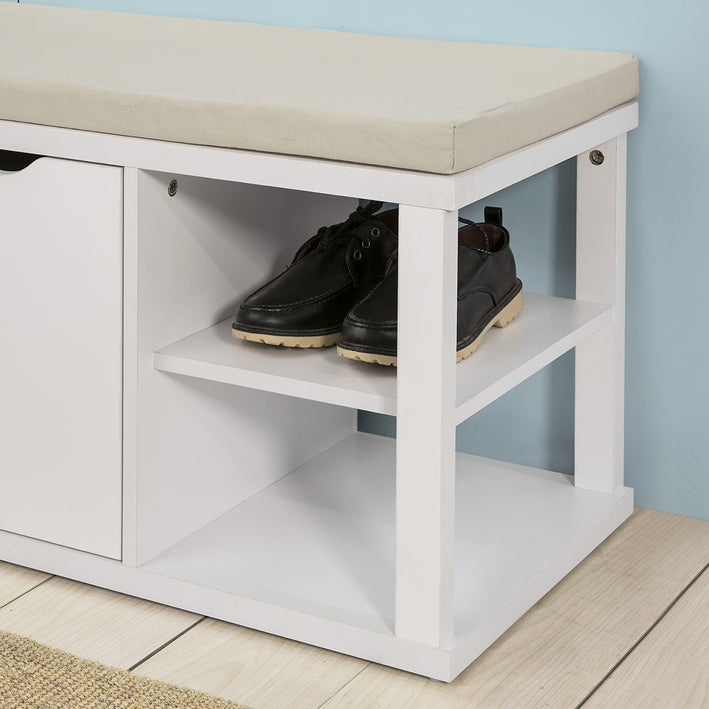 Gangbank met opbergruimte - Bedbank - Garderobebank - Krasbestendig melamine - Comfortabele witte zitkussens - Stabiel en veelzijdig - 94 cm x 45 cm x 40 cm