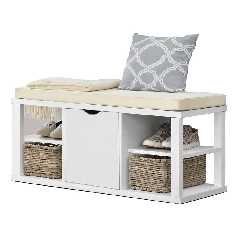 Gangbank met opbergruimte - Bedbank - Garderobebank - Krasbestendig melamine - Comfortabele witte zitkussens - Stabiel en veelzijdig - 94 cm x 45 cm x 40 cm