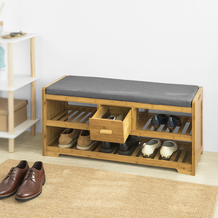 Bamboe Schoenenbank met Kussen - Schoenenrek - Opbergbank - 2 Planken en Lade - Ruimtebesparend - Comfortabele zitplaatsen - Milieuvriendelijk - 91 cm x 45 cm x 34 cm