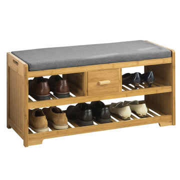 Bamboe Schoenenbank met Kussen - Schoenenrek - Opbergbank - 2 Planken en Lade - Ruimtebesparend - Comfortabele zitplaatsen - Milieuvriendelijk - 91 cm x 45 cm x 34 cm
