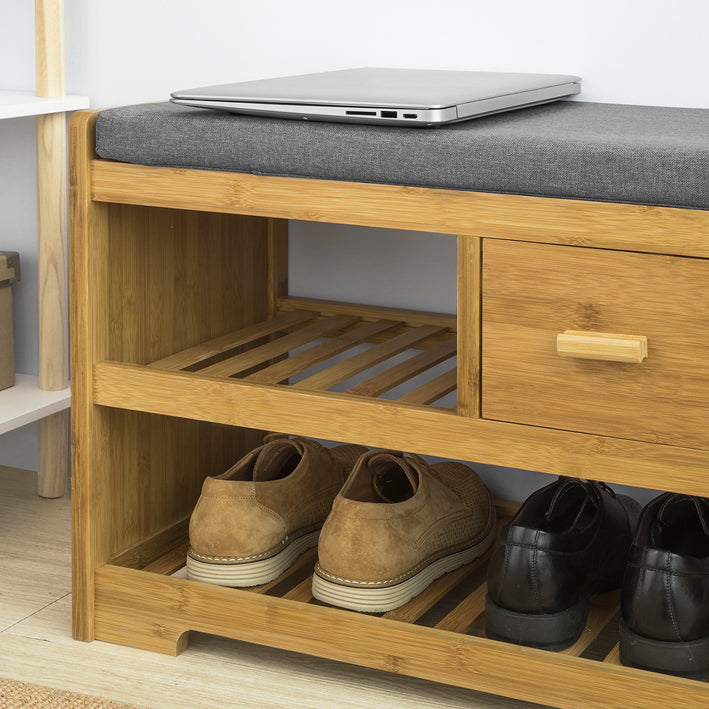 Bamboe Schoenenbank met Kussen - Schoenenrek - Opbergbank - 2 Planken en Lade - Ruimtebesparend - Comfortabele zitplaatsen - Milieuvriendelijk - 91 cm x 45 cm x 34 cm