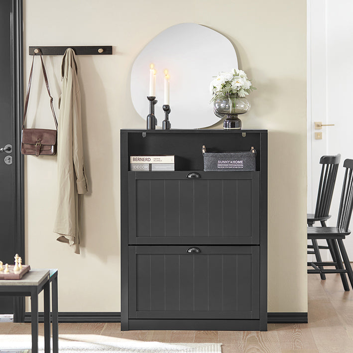 Schoenenkast met 2 kleppen - Schoenenkantelaar - Schoenenkast - Stevige MDF-constructie - Extra opbergvak - Wandbevestiging - 80cm x 110cm x 24cm - Zwart