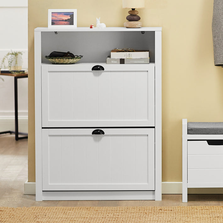 Witte Schoenenkast met 2 Kleppen - Schoenenkantelaar - Schoenenkast - Stevige MDF Constructie - Extra Opbergvak - Wandbevestiging - 80cm x 110cm x 24cm