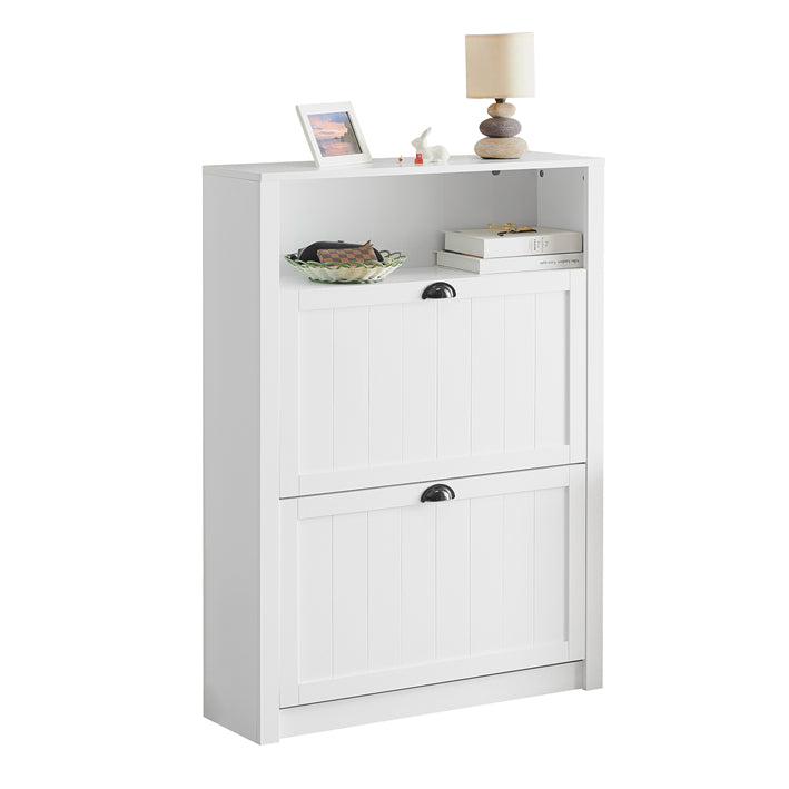 Witte Schoenenkast met 2 Kleppen - Schoenenkantelaar - Schoenenkast - Stevige MDF Constructie - Extra Opbergvak - Wandbevestiging - 80cm x 110cm x 24cm