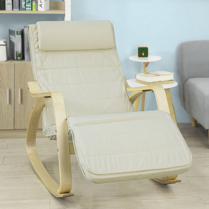 Schommelstoel - Verzorgingsstoel - Schommelstoel - Bekleding van 100% katoen - Verstelbare voetsteun - Modern design - Frame van berkenhout en staal - 10 kg - 120 kg laadvermogen - 5-voudig verstelbare voetsteun