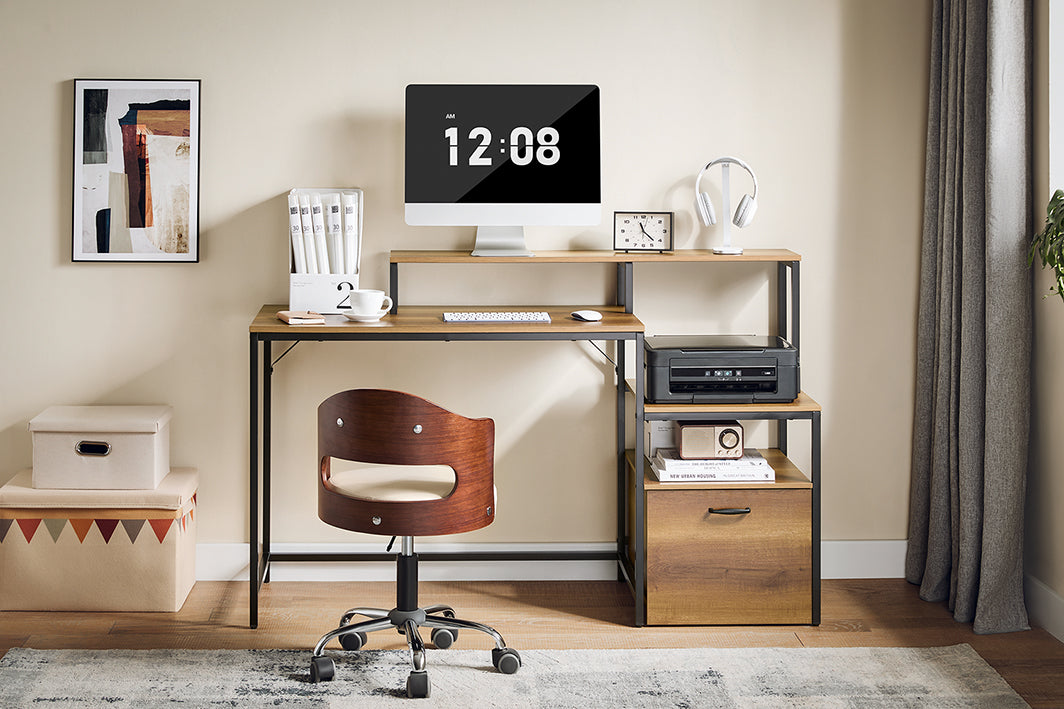 Desk Studeertafel - Werkstation - Bureau - Voldoende opbergruimte - 143x90x50cm - Metalen frame - Bruin Zwart Geschilderd