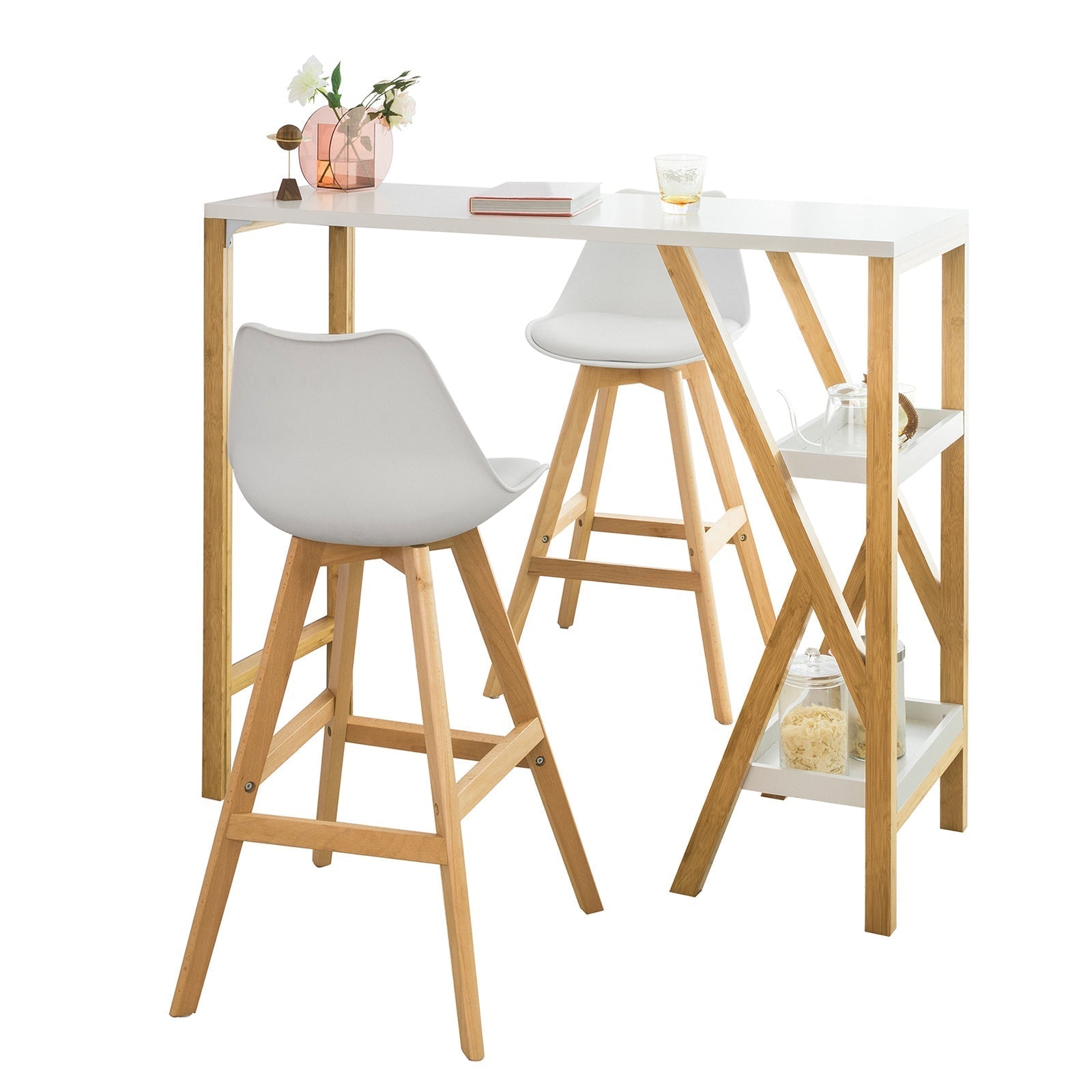 multifunctionele bartafel - keukentafel - eettafel - constructie van bamboe en MDF - ruime opbergruimte - veelzijdig gebruik - 122 cm x 107 cm x 45 cm - wit FWT56-W