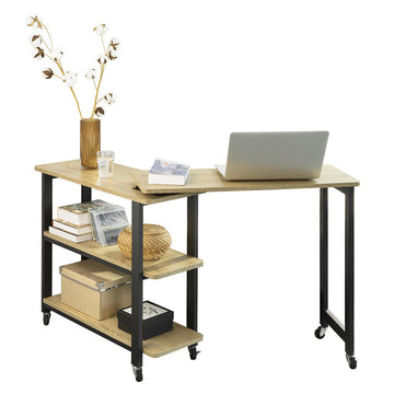 L-vormige bijzettafel - salontafel - hoekbureau - industrieel ontwerp - flexibel en mobiel met afsluitbare wielen - hoogwaardig metalen frame - robuust en duurzaam - 133 cm x 69 cm x 30 cm