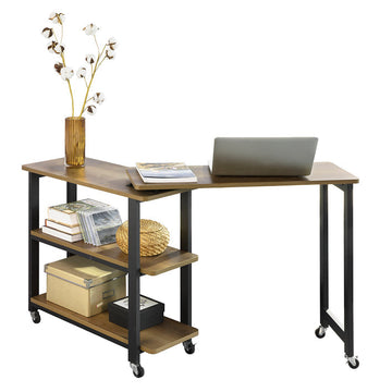 L-vormige bijzettafel - salontafel - hoekbureau - industrieel ontwerp - flexibel en mobiel met afsluitbare wielen - hoogwaardig metalen frame - 133 cm x 69 cm x 30 cm