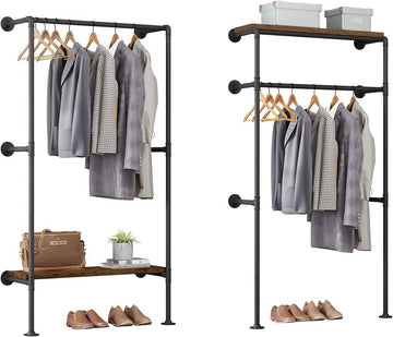 Industriële kledingstang voor wandmontage met plank | Zwart | 103x35x187 cm