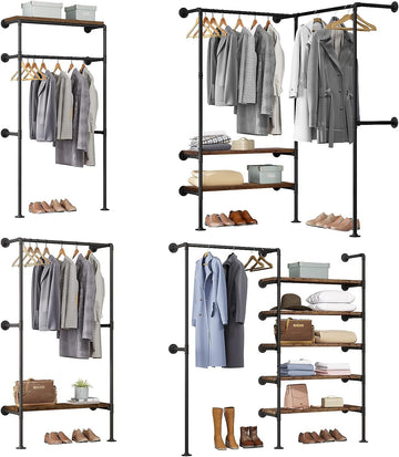 Hoekkledingrek met planken voor wandmontage | Zwart + vintage houtnerf | 35x187,5x184 cm