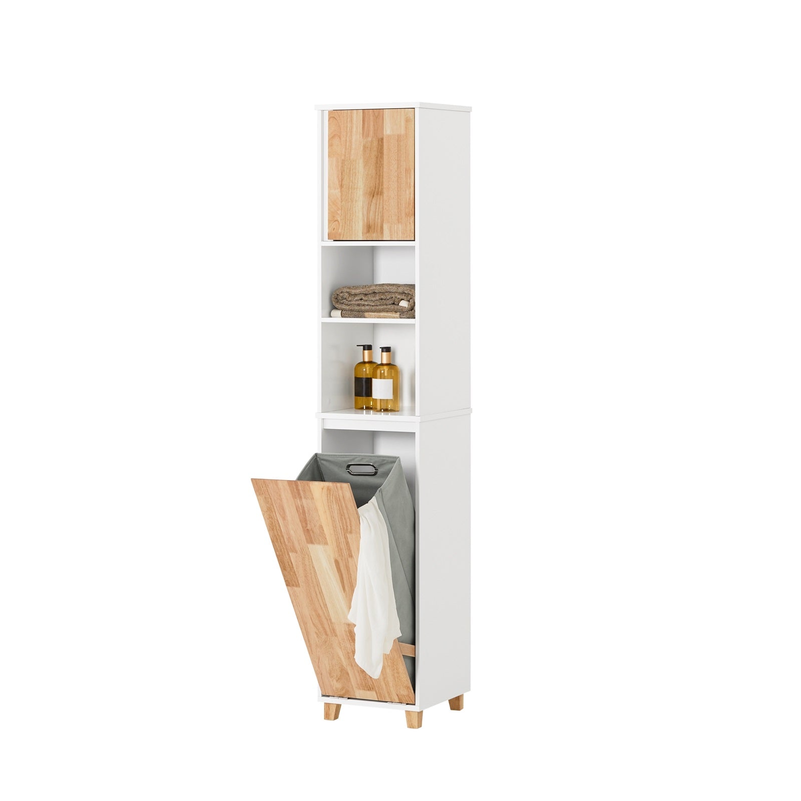 Hoge Badkamerkast - Linnenkast - Opbergorganisator - MDF en rubberhout - Veel opbergruimte - Stabiel ontwerp - Eenvoudige montage - 31 cm x 170 cm x 32 cm