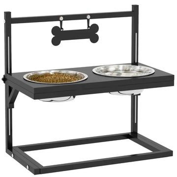 Verstelbare hondenvoerbak | 2 RVS kommen | Kleur: Zwart | Afmetingen: 40.5x22x39 cm