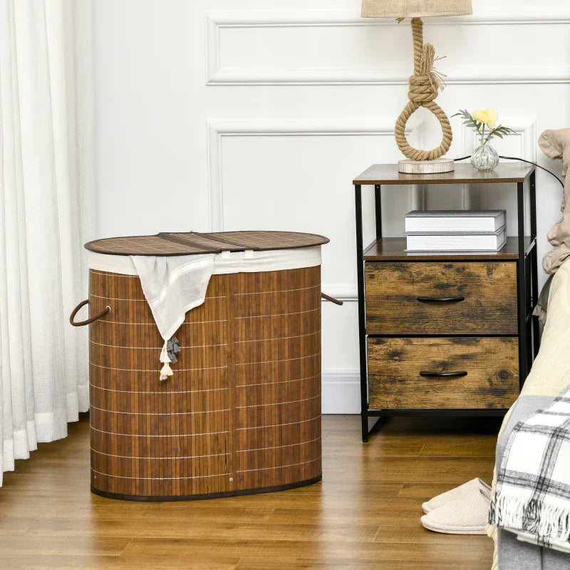 Wäschekorb Bambus mit Deckel und 2 Fächern | Farbe: Braun | Maße: 37x62.5x60.5 cm