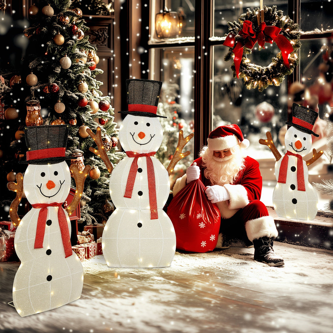3-delige kerst-sneeuwpoppen buitenverlichting | Kleur: Wit | Afmetingen: 64x30x91.5 cm