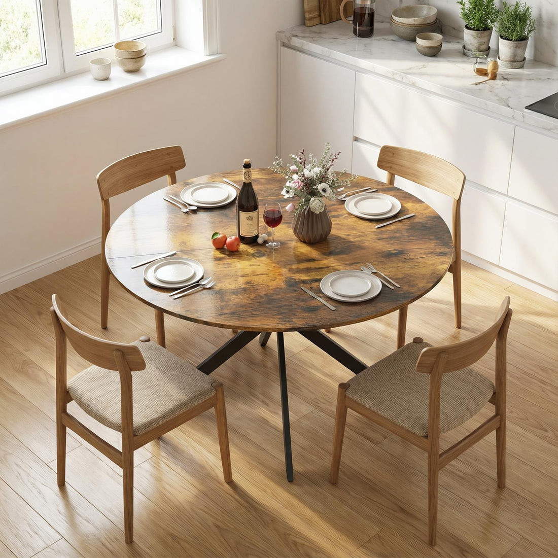 Ronde eettafel voor 4 personen | Kleur: Rustiek bruin | Afmetingen: 120x120x75 cm